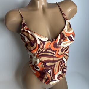 Urban Outfitters Y2K Swirl Print Corset Top M Boned Retro Festival Stretch